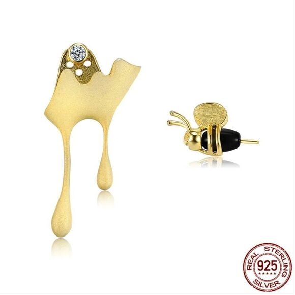 18K Gold Bumblebee & Dripping Honey Asymmetric Stud Earrings - Picture 1 of 10